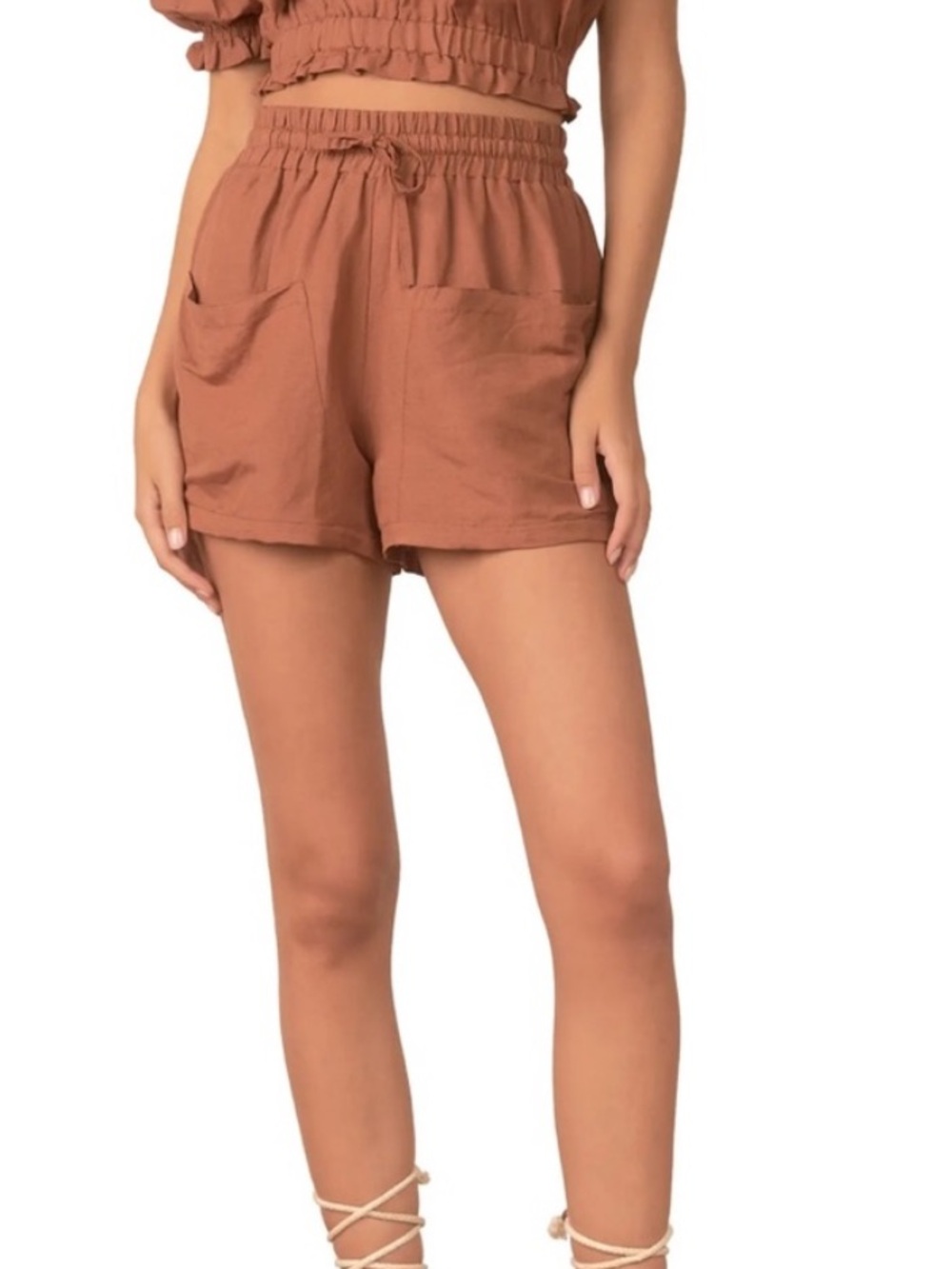 New! Elan Brown Linen Shorts Drawstring Elastic Waist Pockets Summer Medium NWT